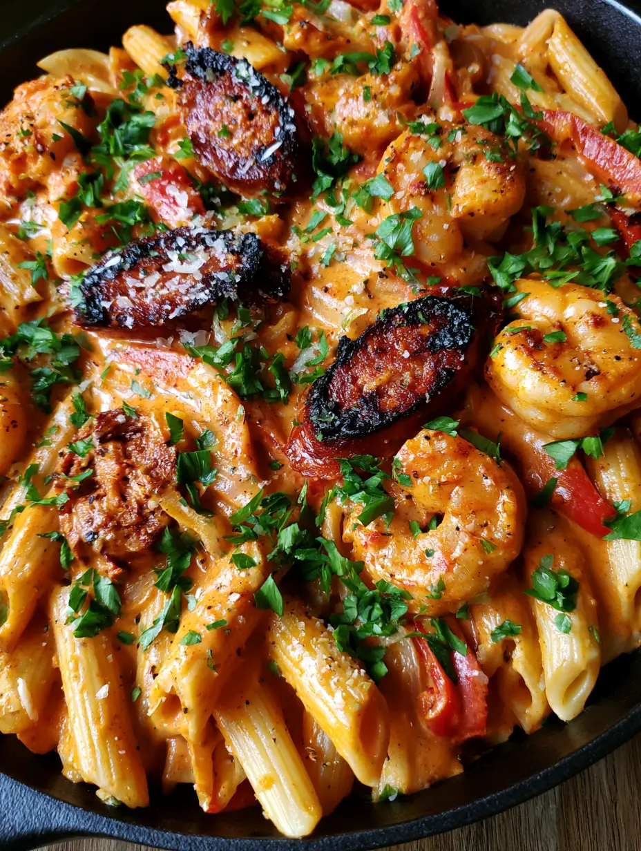 Creamy Cajun Penne with Seared Andouille and Plump Shrimp 3 Macro shot of Creamy Cajun Penne showing the vibrant orange sauce and charred andouille sausage edges.