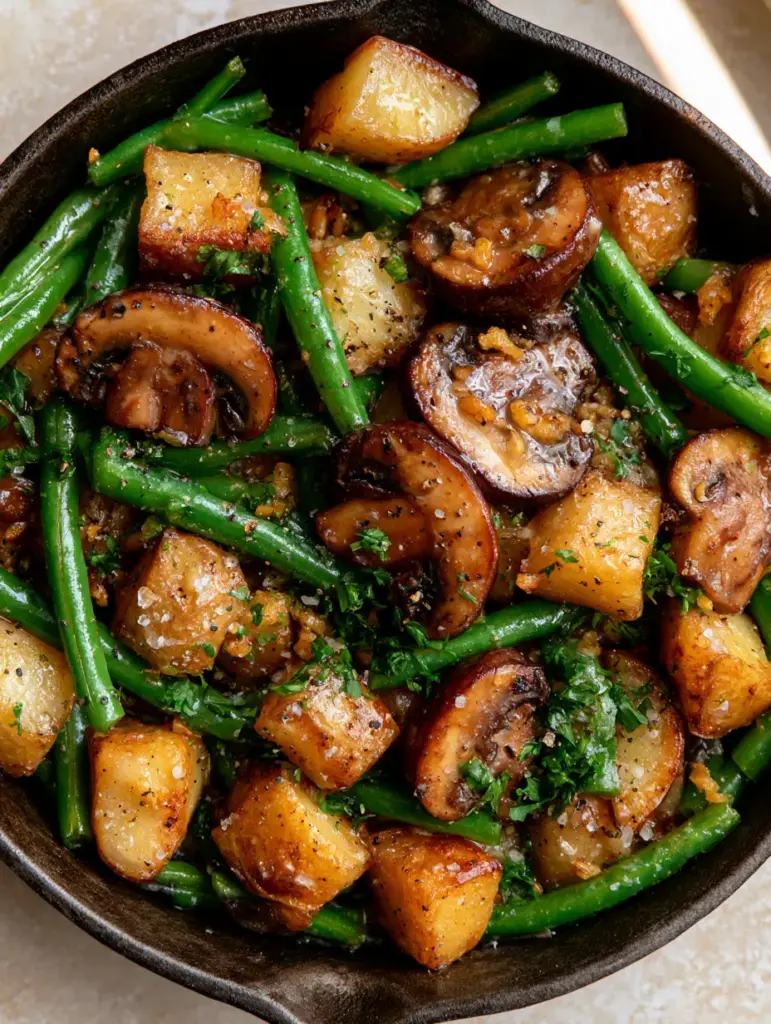 Seared thick-cut cremini mushrooms with deep sear marks mixed with potatoes and garlic butter. (Potato Mushrooms Green Beans Skillet)
