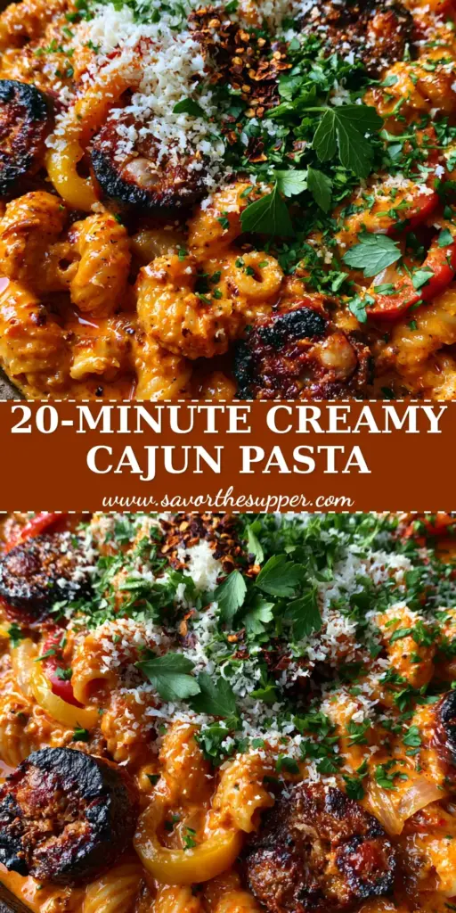 A rustic cast iron skillet filled with creamy Cajun sausage cavatappi pasta, featuring charred andouille sausage, bell peppers, and micro-planed parmesan cheese.