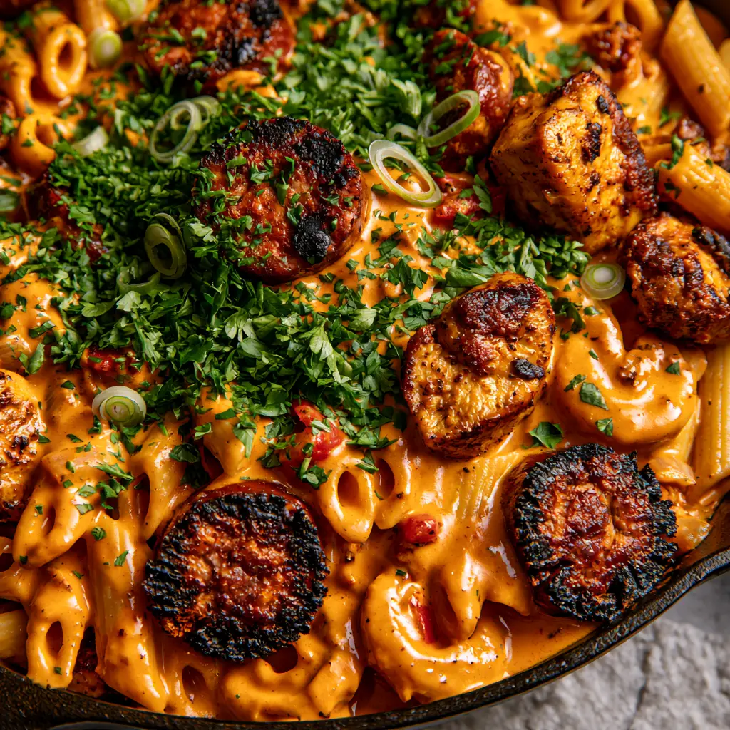 Cajun Pastalaya: The Ultimate Creamy Cast Iron Skillet Pasta 2 Close-up of penne pasta swirls coated in a vibrant orange Cajun cream sauce with seared chicken. (Cajun Pastalaya)