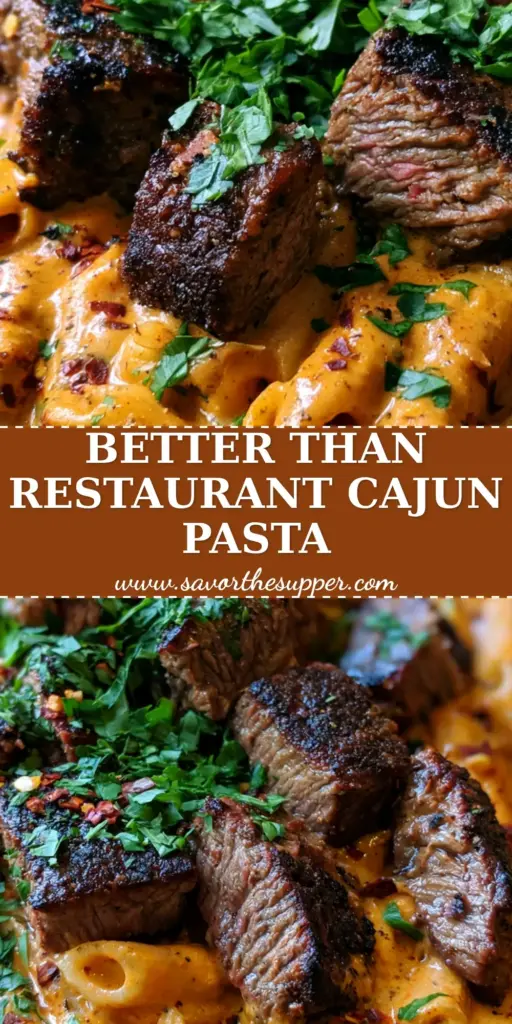 A rustic cast iron skillet filled with creamy cajun steak penne pasta, topped with charred sirloin bites and fresh parsley.