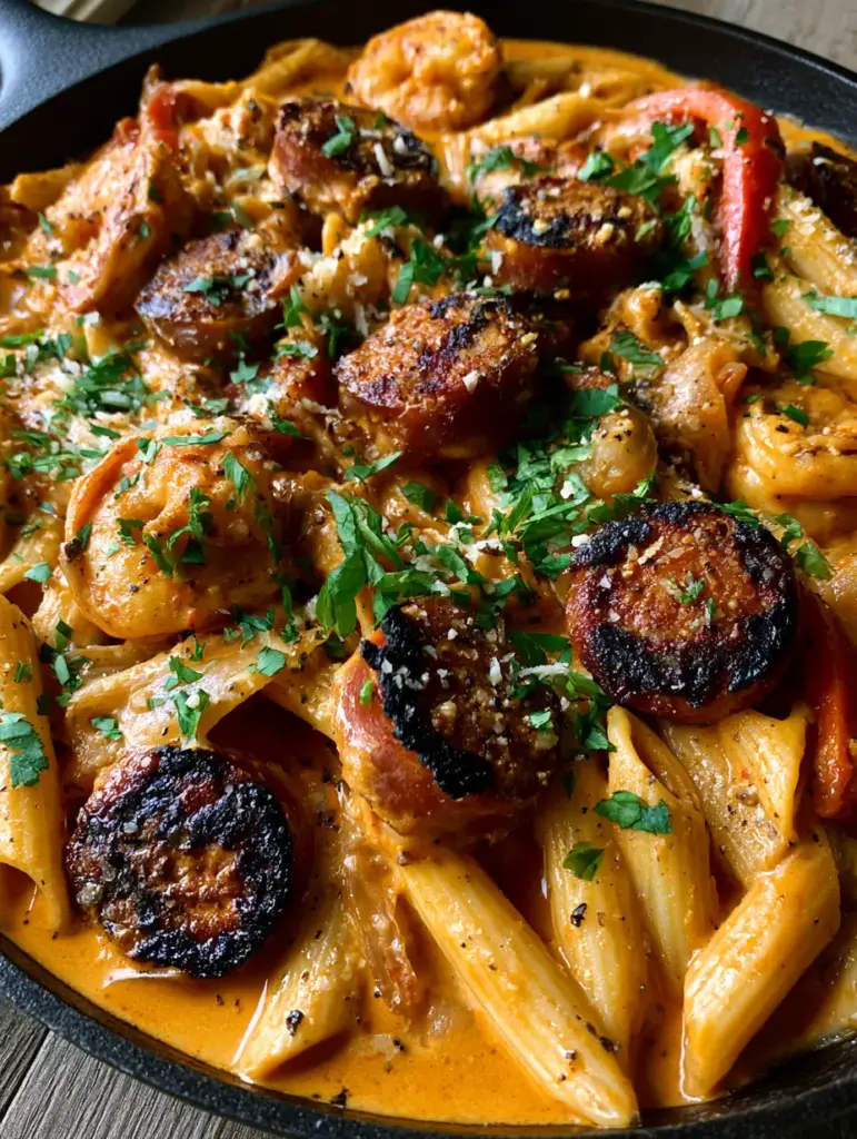 Creamy Cajun Penne with Seared Andouille and Plump Shrimp 1 Creamy Cajun Penne garnished with fresh parsley and parmesan in a rustic cast iron skillet.