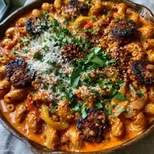 Smartphone photo of Cajun sausage cavatappi pasta in a cast iron skillet with vibrant orange sauce and charred sausage rounds.