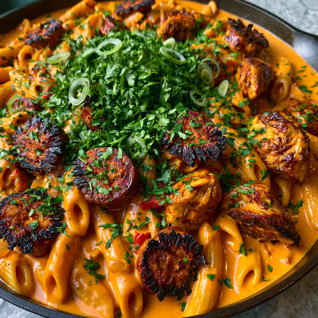 Cajun Pastalaya: The Ultimate Creamy Cast Iron Skillet Pasta 1 Macro shot of charred Andouille sausage coins and golden chicken chunks in a creamy pasta dish. (Cajun Pastalaya)