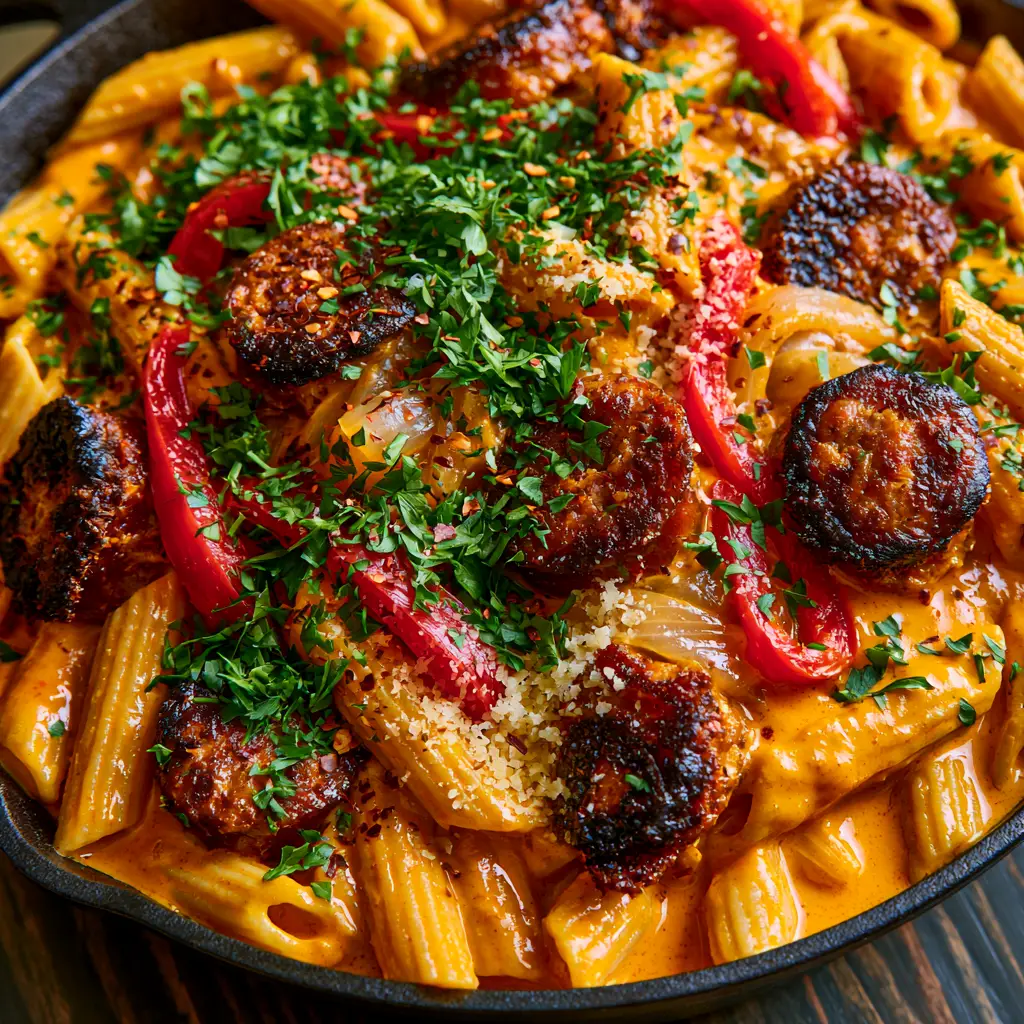 A cast iron skillet filled with Cajun pasta garnished with fresh parsley and red pepper flakes.