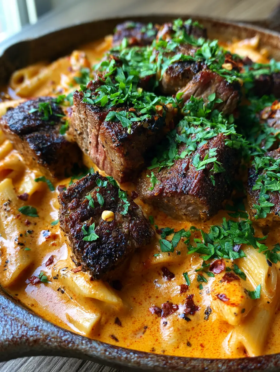 Macro shot of seared sirloin steak bites over orange-hued cajun cream sauce and penne pasta. (creamy cajun steak penne pasta)