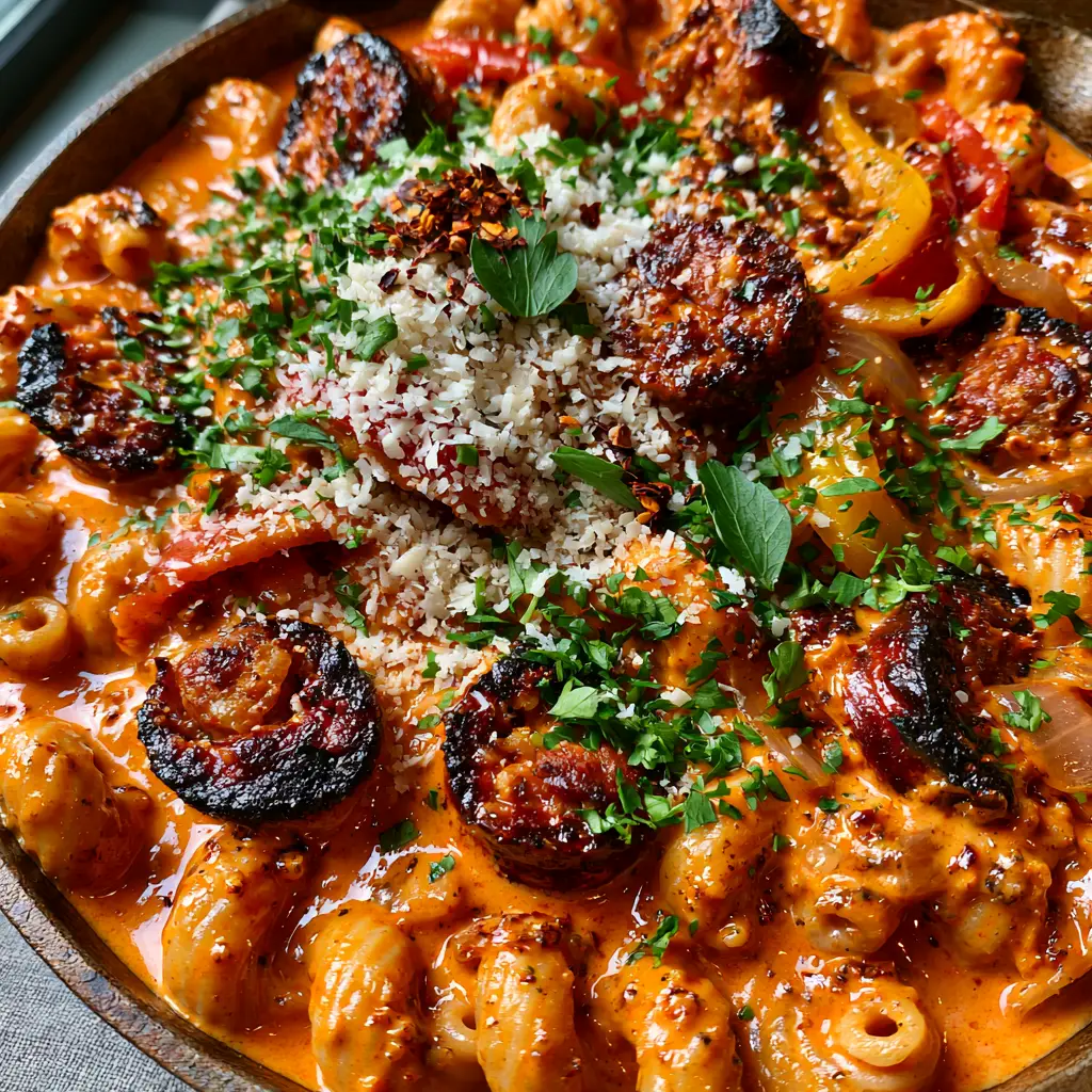 Close up of seared andouille sausage and bell peppers folded into a thick Cajun cream sauce with cavatappi spirals.
