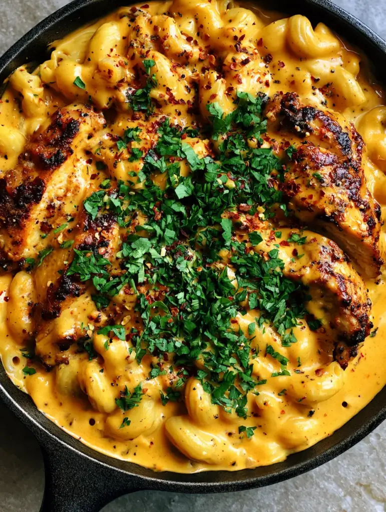 Close-up of cavatappi pasta in a thick orange Cajun cheese sauce with cracked black pepper and parsley. (cajun chicken mac and cheese)