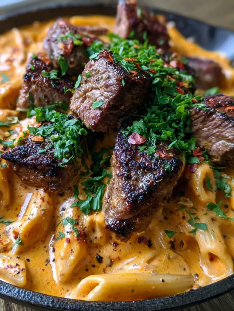 Overhead view of creamy cajun steak penne pasta in a cast iron skillet with parsley and red chili flake garnish.
