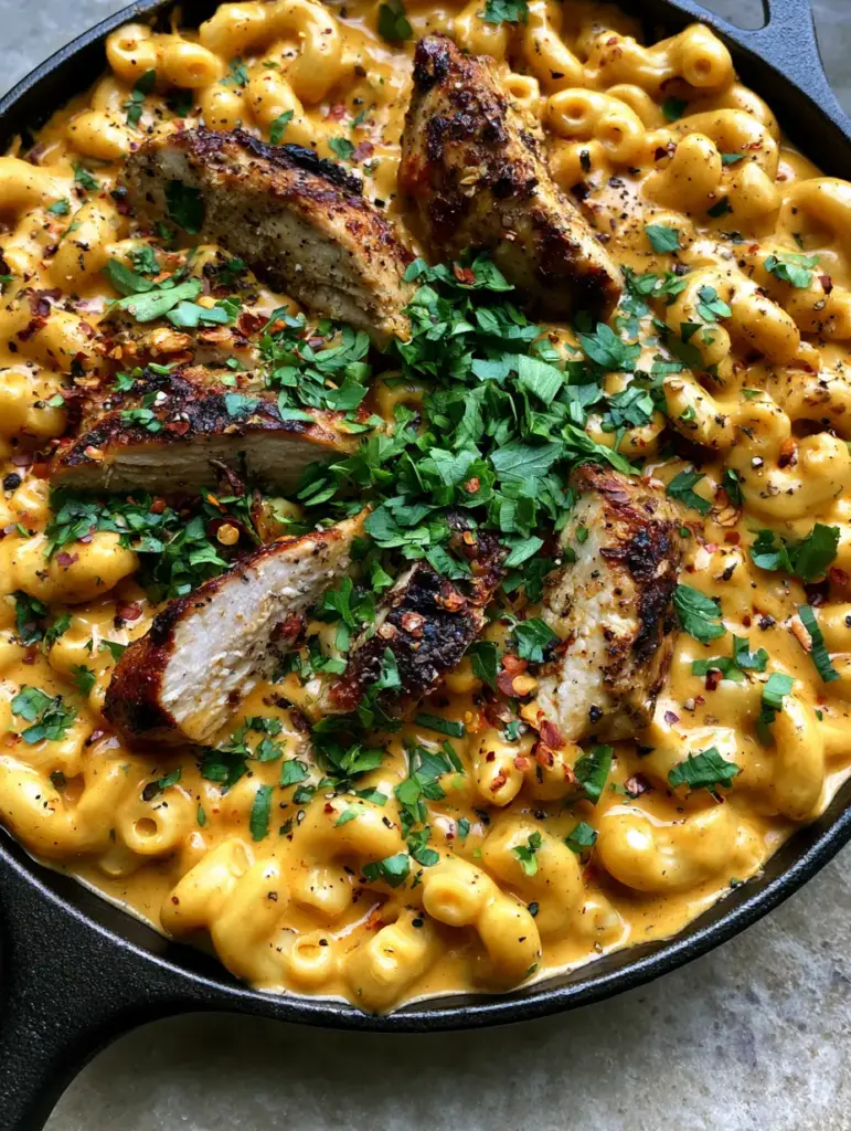 Pan-seared chicken with charred edges resting on top of creamy Cajun mac and cheese.