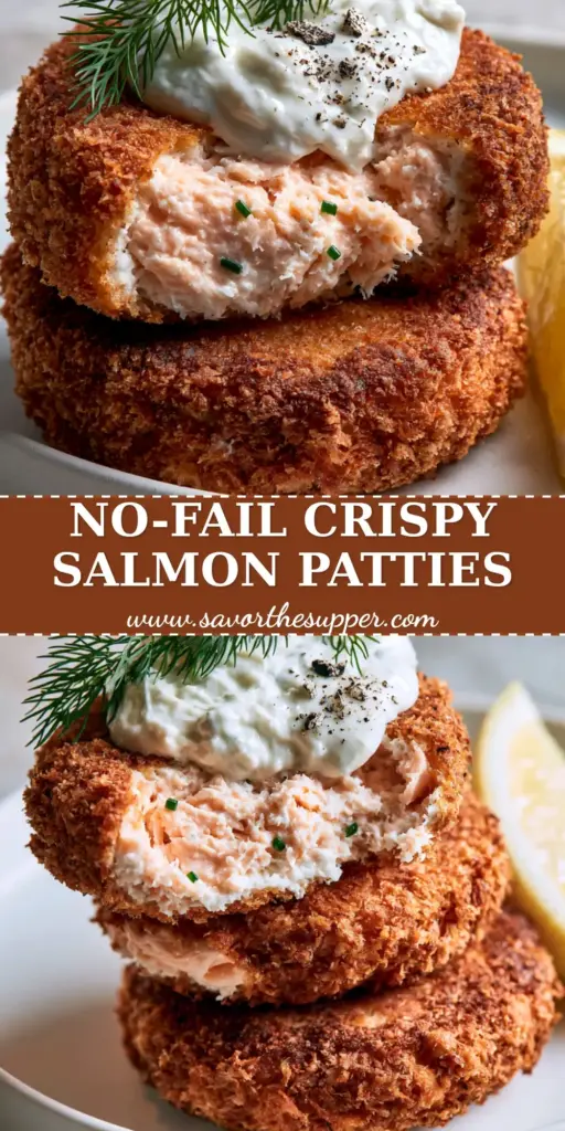 Three thick circular Salmon Croquettes stacked on a white plate with tartar sauce and fresh dill sprigs.