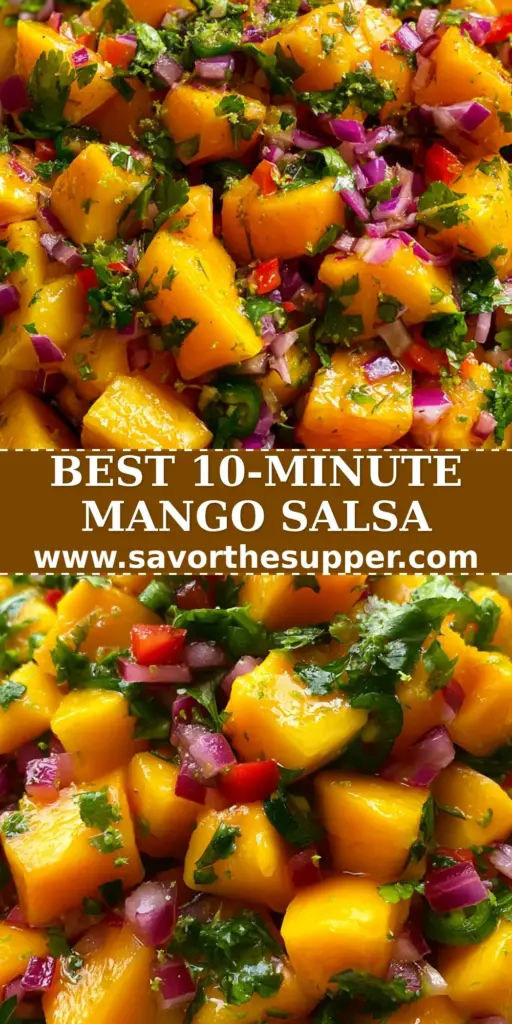 Mango Salsa Recipe: The Ultimate Fresh & Vibrant Summer Topper 5 Close-up overhead shot of a vibrant Mango Salsa Recipe in a white ceramic bowl featuring glistening mango cubes and red bell peppers.
