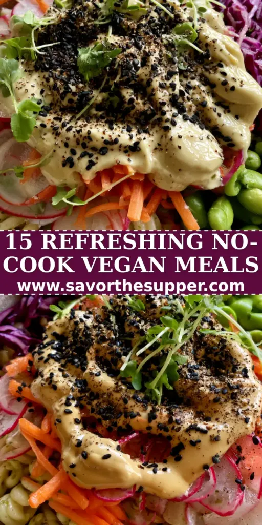 Vegan Summer Recipes: The Ultimate Rainbow Pasta Salad with Lemon-Tahini Drizzle 4 A colorful rainbow vegan pasta salad in a ceramic bowl featuring edamame, radishes, and tahini drizzle. (Vegan summer recipes)