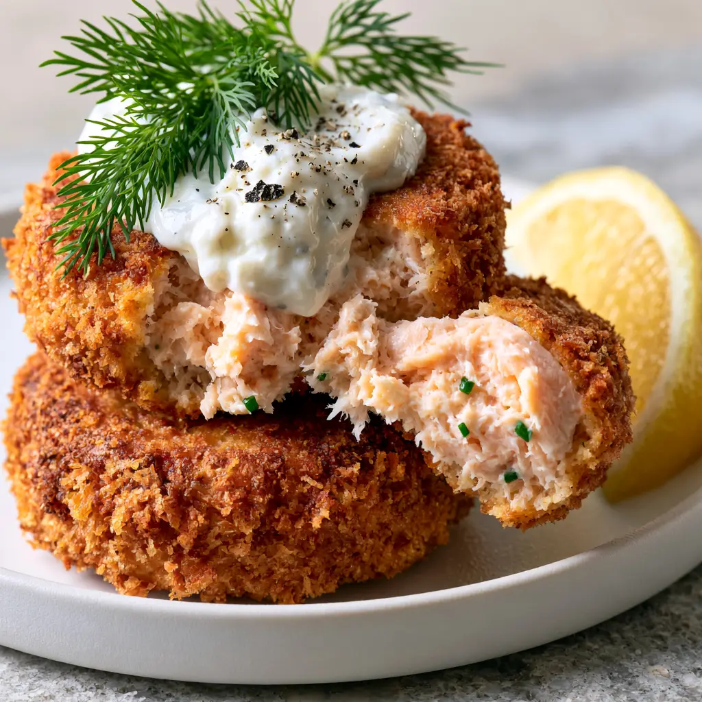 Salmon Croquettes on a matte white ceramic plate with a dollop of thick creamy tartar sauce and lemon wedges.