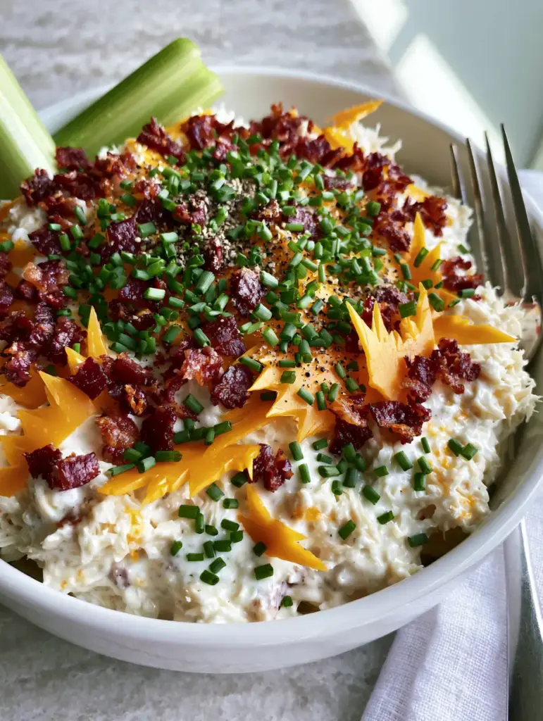 Sassy Scotty chicken salad topped with dark-red bacon bits and jagged bright orange cheddar shards in a white bowl with a celery stalk.