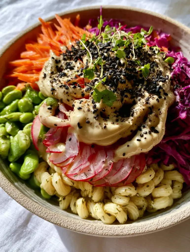 Vegan Summer Recipes: The Ultimate Rainbow Pasta Salad with Lemon-Tahini Drizzle 2 Macro view of chilled rotini pasta with julienned carrots and creamy tahini drizzle. (Vegan summer recipes)