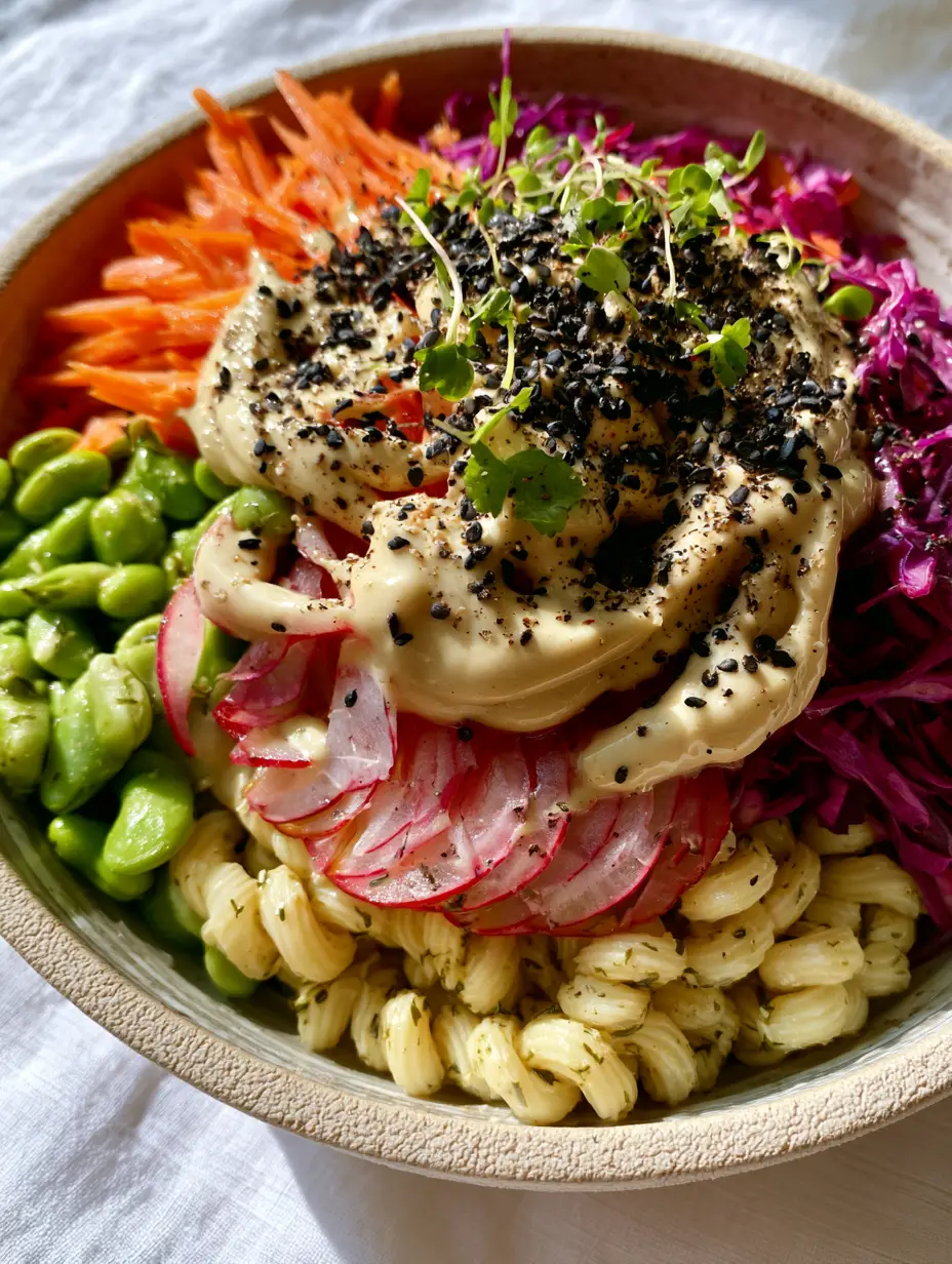 Vegan Summer Recipes: The Ultimate Rainbow Pasta Salad with Lemon-Tahini Drizzle 3 Macro view of chilled rotini pasta with julienned carrots and creamy tahini drizzle. (Vegan summer recipes)