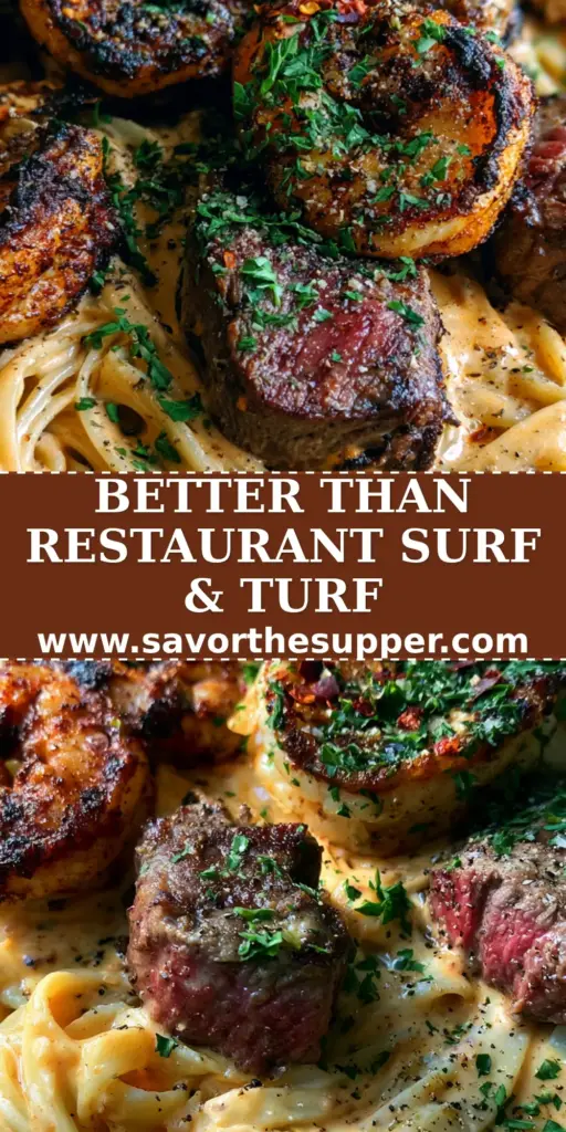 A rustic cast iron skillet filled with Cajun Shrimp and Steak Alfredo Pasta, featuring charred shrimp and medium-rare steak medallions on thick fettuccine.