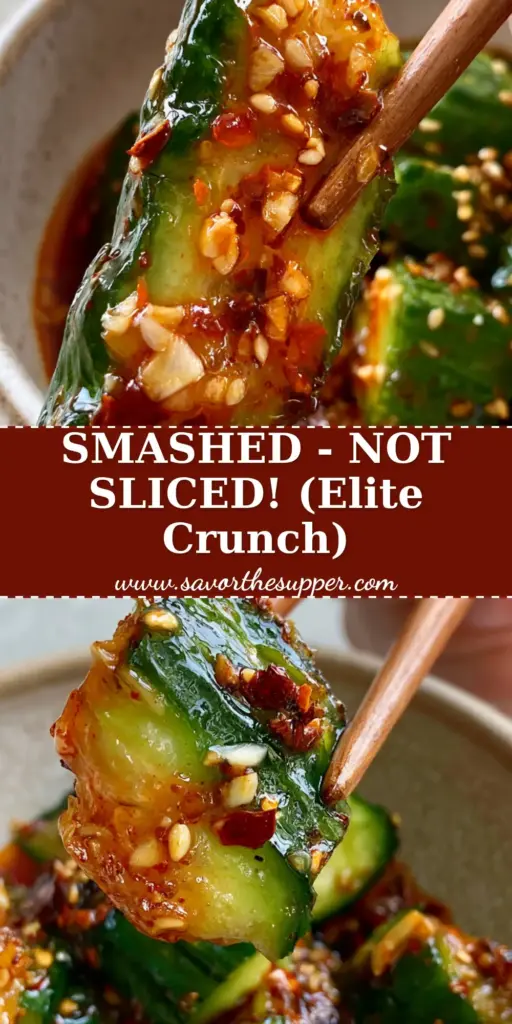 A first-person perspective of chopsticks lifting a jagged, smashed Persian cucumber piece dripping with red chili oil. (spicy cucumber salad)