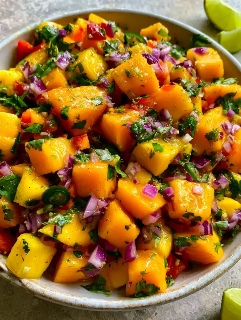 Mango Salsa Recipe: The Ultimate Fresh & Vibrant Summer Topper 1 Close-up detail of a Mango Salsa Recipe showing micro-fine lime zest and glistening juice glaze on fruit cubes.