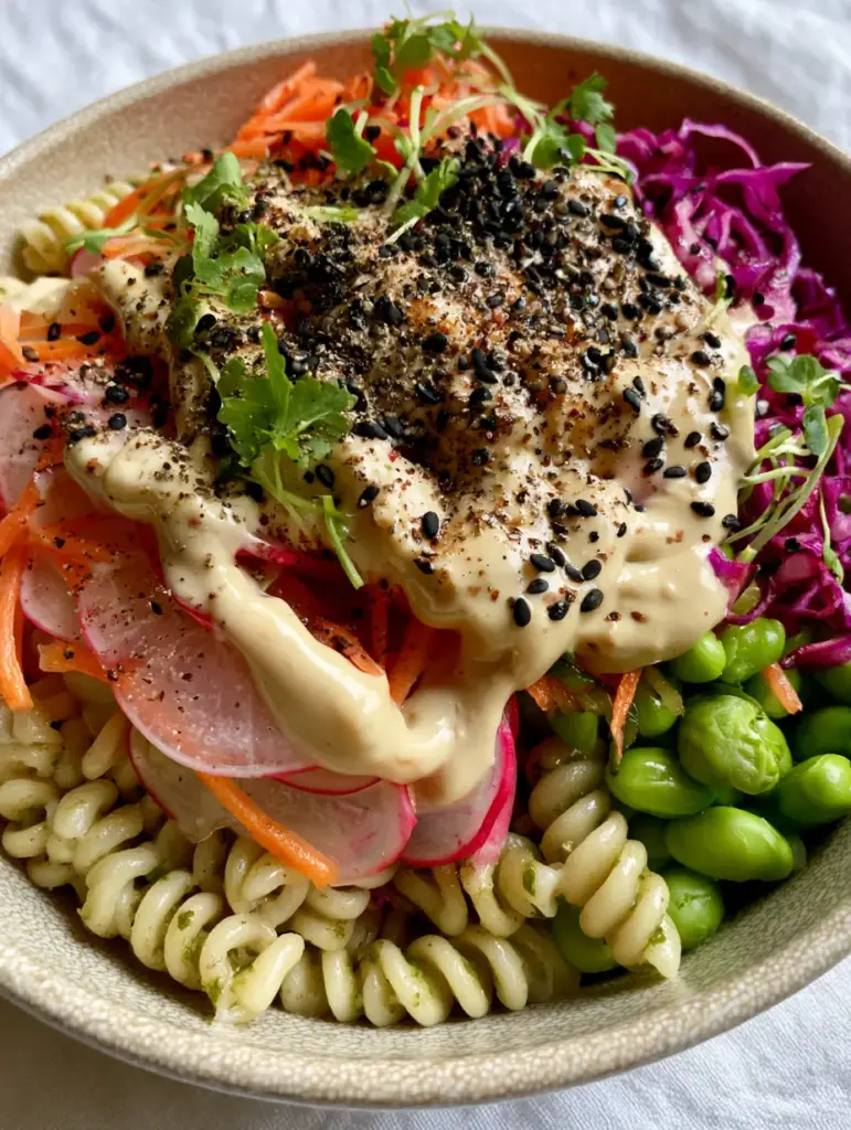 Vegan Summer Recipes: The Ultimate Rainbow Pasta Salad with Lemon-Tahini Drizzle 1 A textured ceramic bowl filled with rainbow pasta salad, featuring translucent radishes and micro-cilantro.