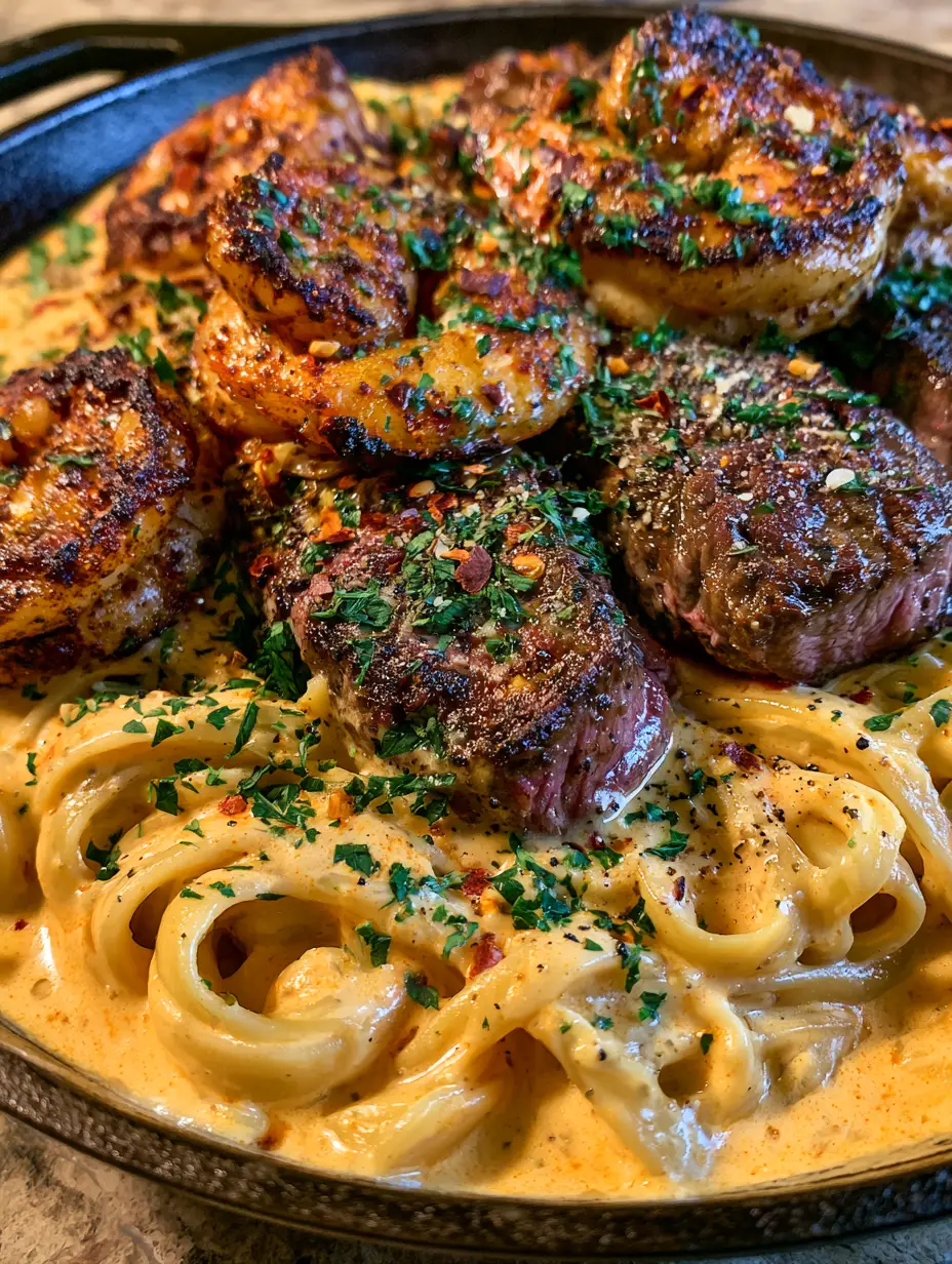 Macro view of blackened jumbo shrimp with charred edges sitting on a bed of pale orange Cajun Alfredo sauce and fettuccine. (Cajun Shrimp and Steak Alfredo Pasta)