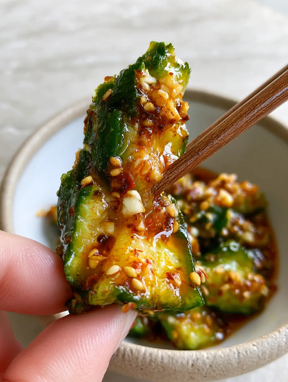 Close-up of smashed cucumber showing rough edges and glossy red chili oil coating. (spicy cucumber salad)