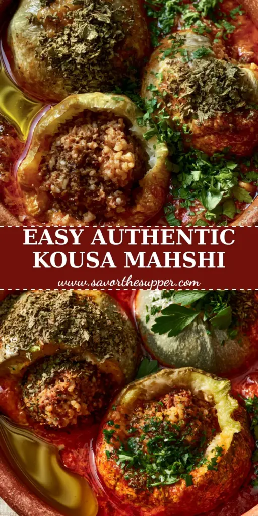Kousa Mahshi: Authentic Lebanese Stuffed Squash in Garlic Tomato Broth 4 A close-up of a terracotta bowl with Lebanese Kousa Mahshi stuffed squash in a rich tomato broth garnished with dried mint and parsley.