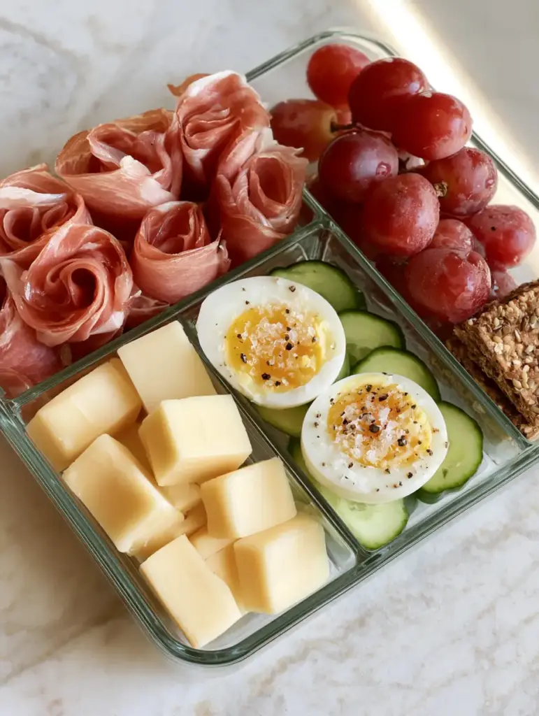 Top down view of a 3-compartment bento box on a marble counter featuring Adult Lunchable Ideas.