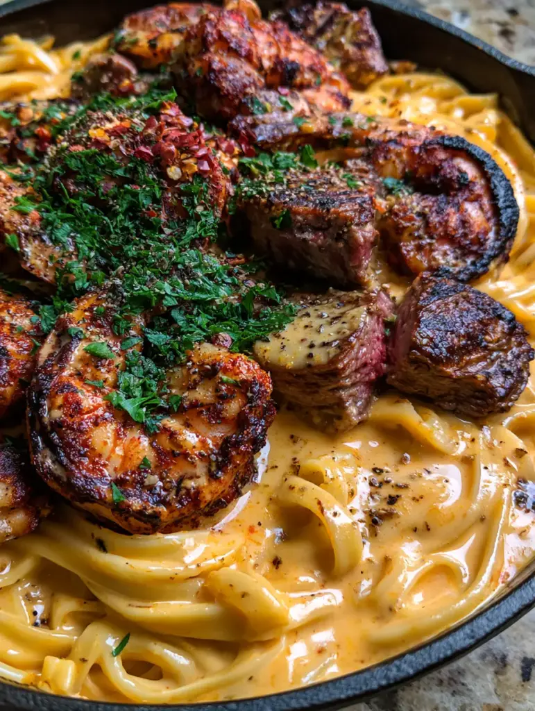Seared medium-rare steak medallions with visible pink centers topped with fresh parsley and cracked pepper in a skillet of Cajun Shrimp and Steak Alfredo Pasta.