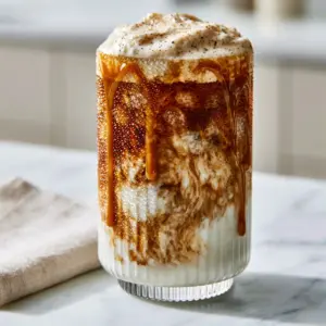Close up of a 7 Brew drink showing deep amber espresso layers marbling with half-and-half. (7 Brew drink)