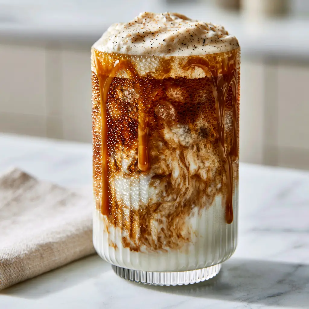 7 Brew Drink: The Ultimate Caramel Swirl Iced Coffee Recipe 2 Close up of a 7 Brew drink showing deep amber espresso layers marbling with half-and-half. (7 Brew drink)