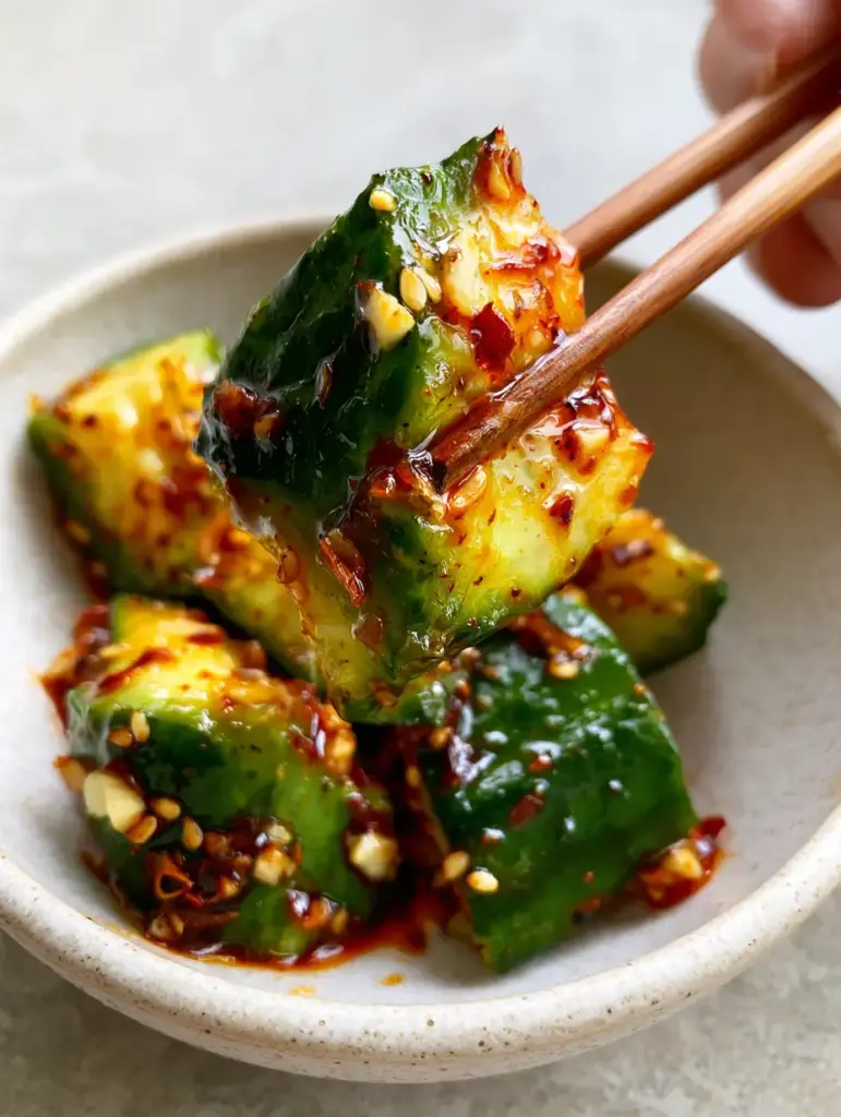 A single piece of spicy cucumber salad with toasted sesame seeds and garlic bits held by chopsticks.