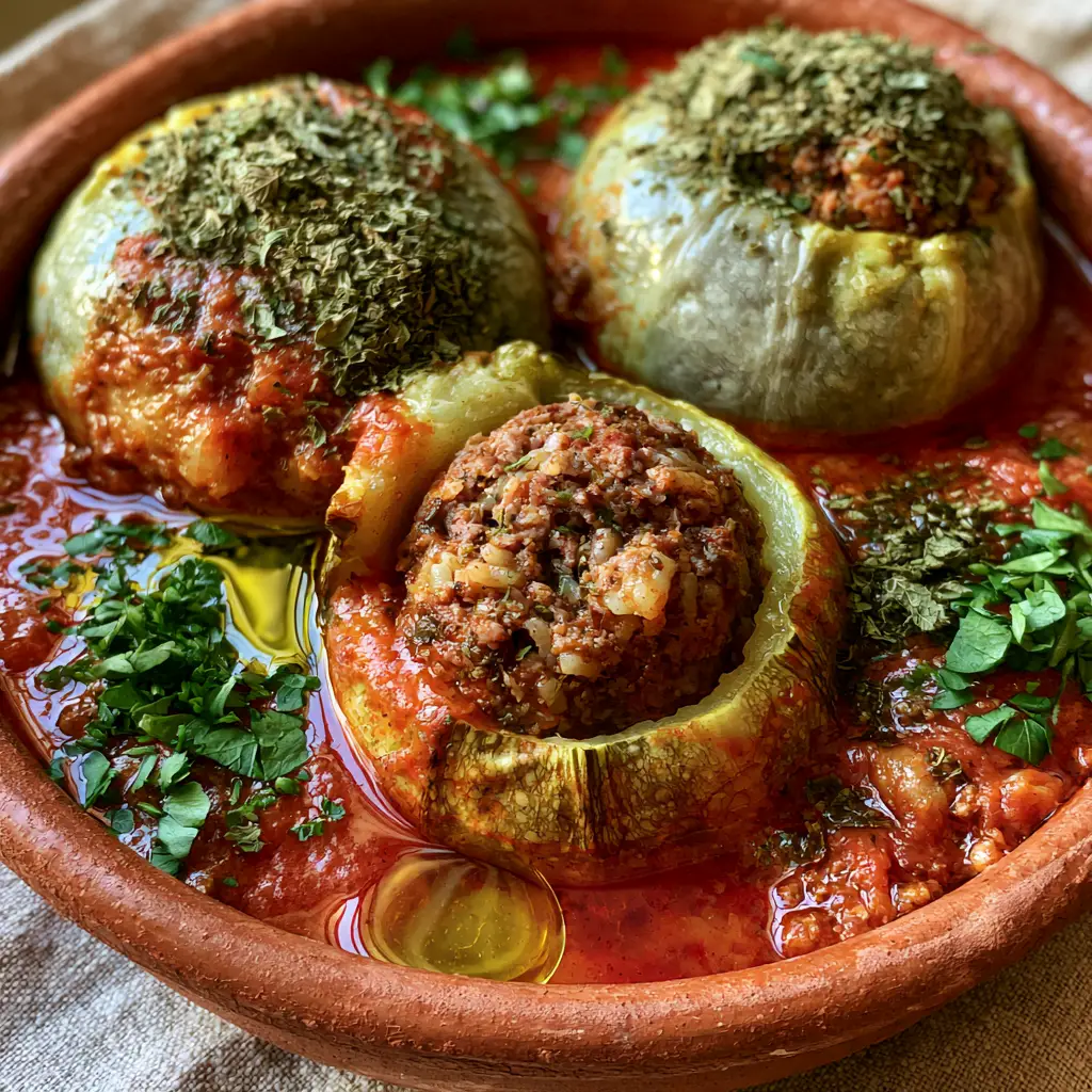 Kousa Mahshi: Authentic Lebanese Stuffed Squash in Garlic Tomato Broth 2 A steaming bowl of Kousa Mahshi with pale green squashes submerged in a vibrant red tomato sauce.