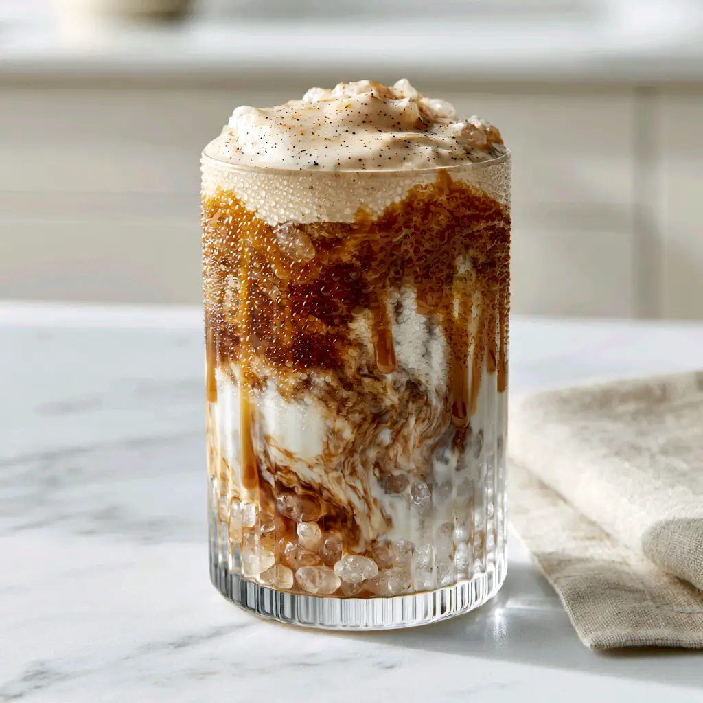 7 Brew Drink: The Ultimate Caramel Swirl Iced Coffee Recipe 1 Modern ribbed glass filled with pebble ice and a layered 7 Brew drink on a marble counter.