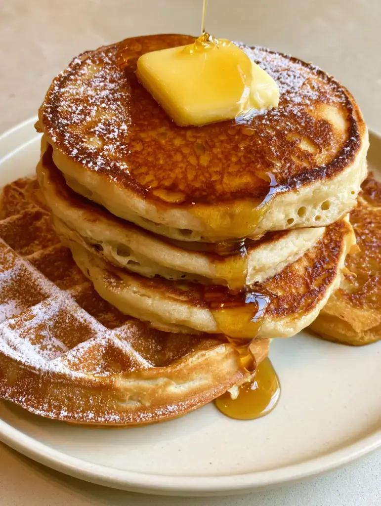 Crisp Belgian waffle with deep toasted pockets and a dusting of sugar, fitting the pancake and waffle wall art theme.