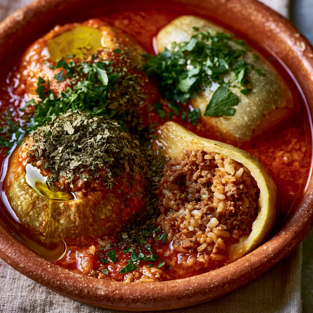 Kousa Mahshi: Authentic Lebanese Stuffed Squash in Garlic Tomato Broth 1 A sliced open Kousa squash showing the tightly packed aromatic rice and meat filling.
