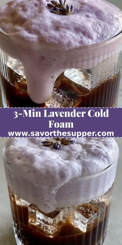 Lavender Cold Foam: The Ultimate Floral Upgrade for Your Morning Brew 4 A close-up of Lavender Cold Foam on an iced espresso in a ribbed glass with three lavender buds on top.