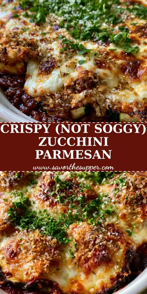 Baked Zucchini Parmesan Casserole with Crispy Panko Crust 4 A close-up of Baked Zucchini Parmesan Casserole in a white dish, showing thick roasted zucchini rounds, bubbly mozzarella, and a golden panko crust with fresh parsley. (Baked Zucchini Parmesan Casserole)