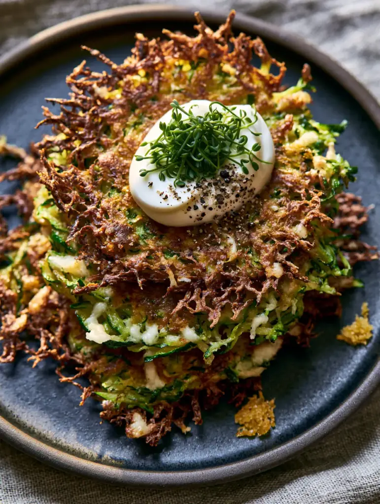 Zucchini Fritters Recipe: The Ultimate Guide to Crispy, Golden, and Lacy Perfection 1 Top-down angled shot of zucchini fritters on a matte charcoal plate with morning light shadows.