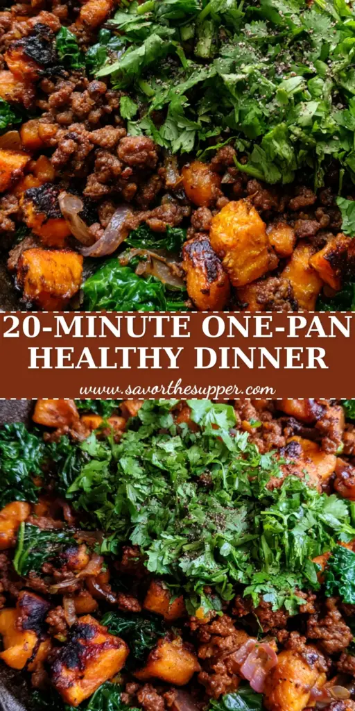 A rustic cast iron skillet filled with a vibrant ground beef sweet potato bowl garnished with fresh cilantro and cracked pepper.