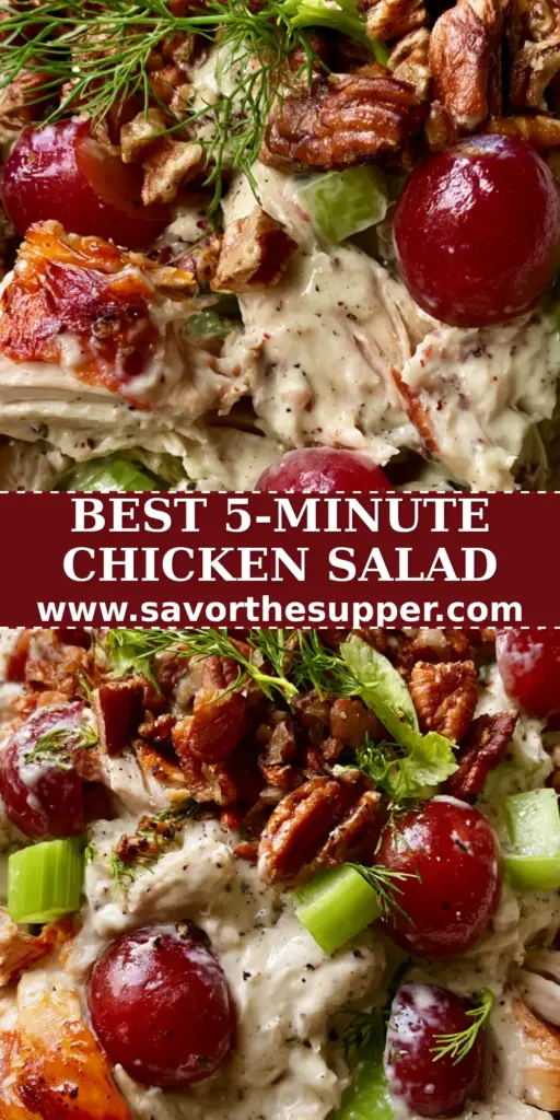 A top-down view of gourmet cold chicken salad in a white bowl featuring rotisserie chicken, grapes, and pecans.