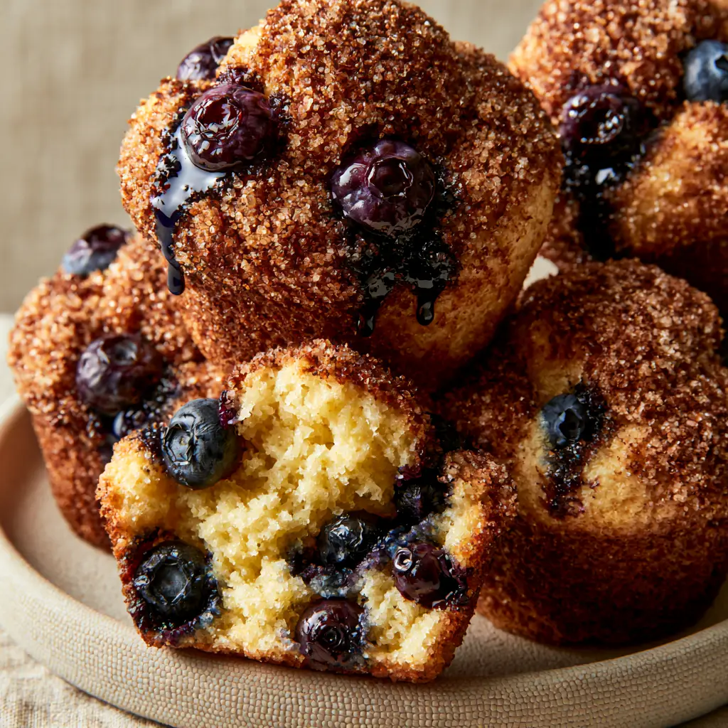 Muffins Recipe: The Secret to Tall, Bakery-Style Blueberry Domes 2 Extreme close-up of a towering blueberry muffin with golden-brown dome and coarse sugar crystals. (muffins recipe)
