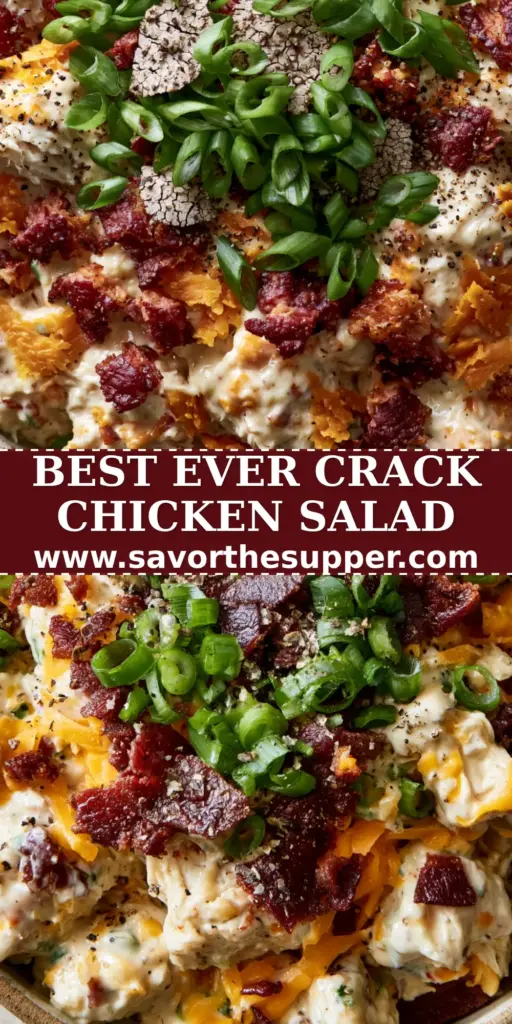 Chicken Salad with Bacon & Cheddar: The Ultimate Creamy and Crunchy Recipe 4 A vertical Pinterest pin showing an overhead view of Chicken Salad with Bacon & Cheddar in a ceramic bowl, garnished with scallions.
