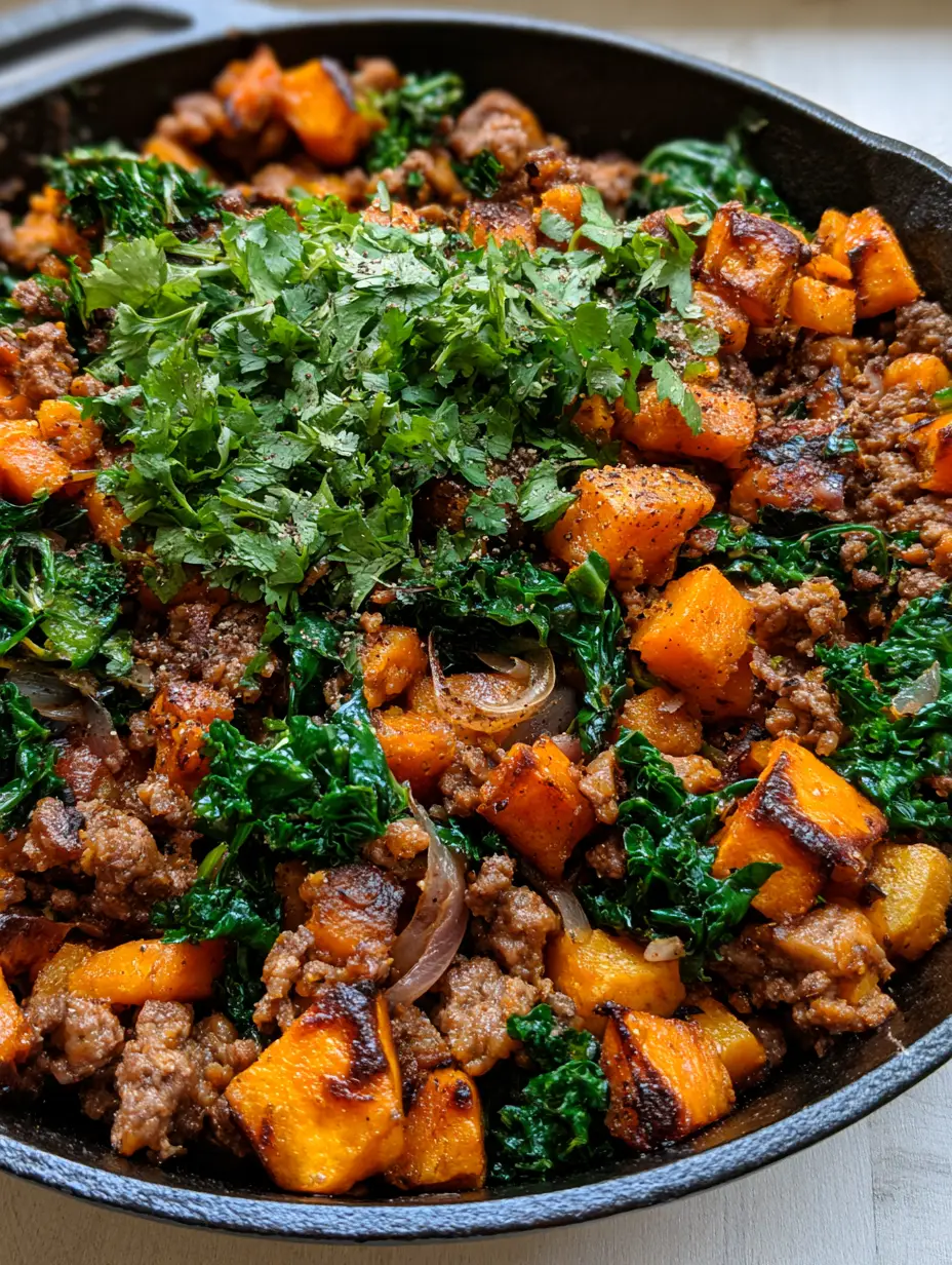 Macro overhead shot of seared ground beef and charred sweet potato cubes in a cast iron skillet. (ground beef sweet potato bowl)