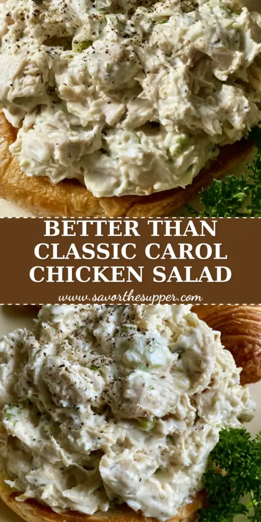 A close-up vertical shot of a classic carol chicken salad sandwich on a toasted croissant, garnished with black pepper and parsley.