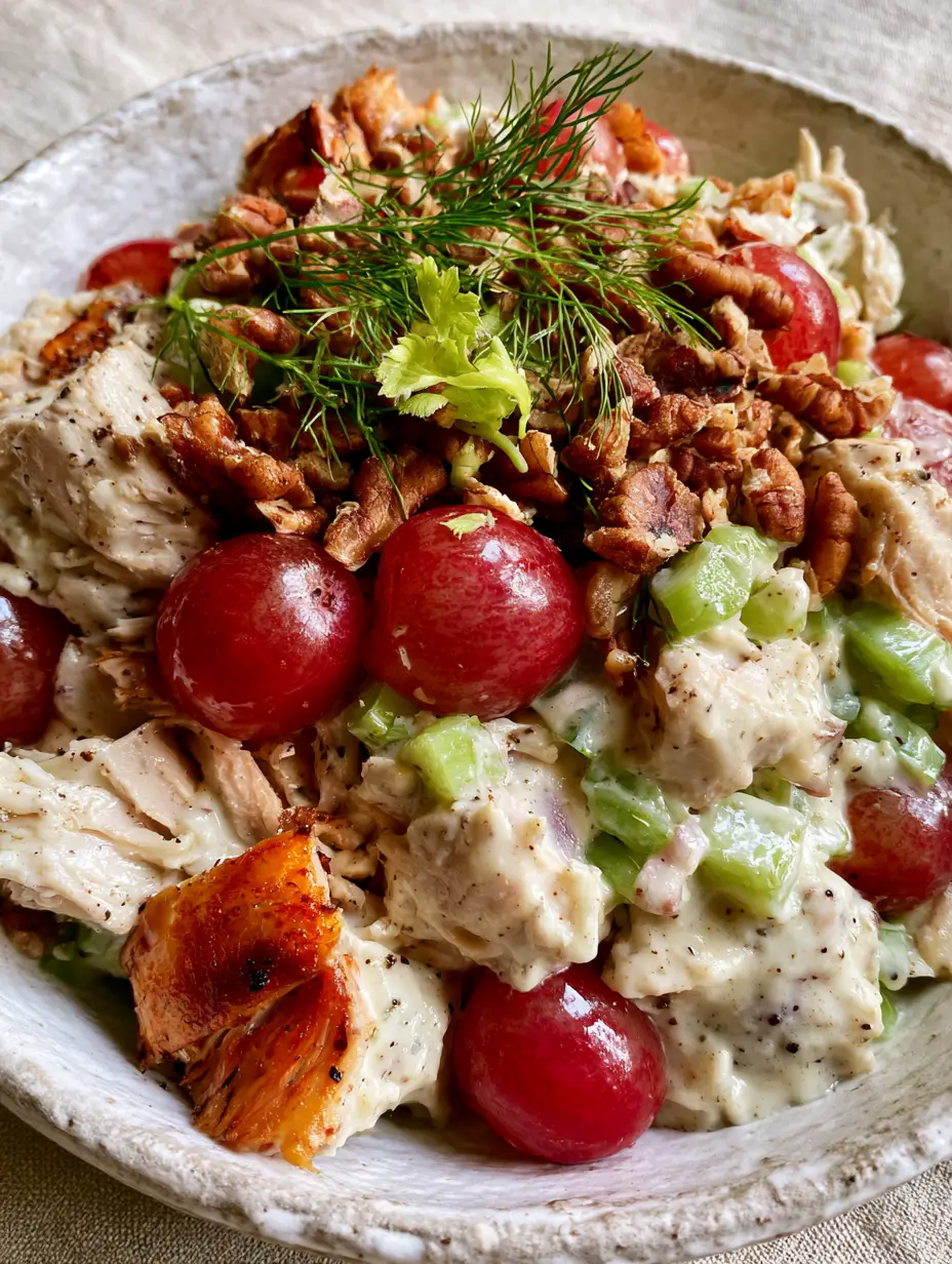 Macro shot of cold chicken salad showing glossy red grapes and thick ivory dressing with black pepper.