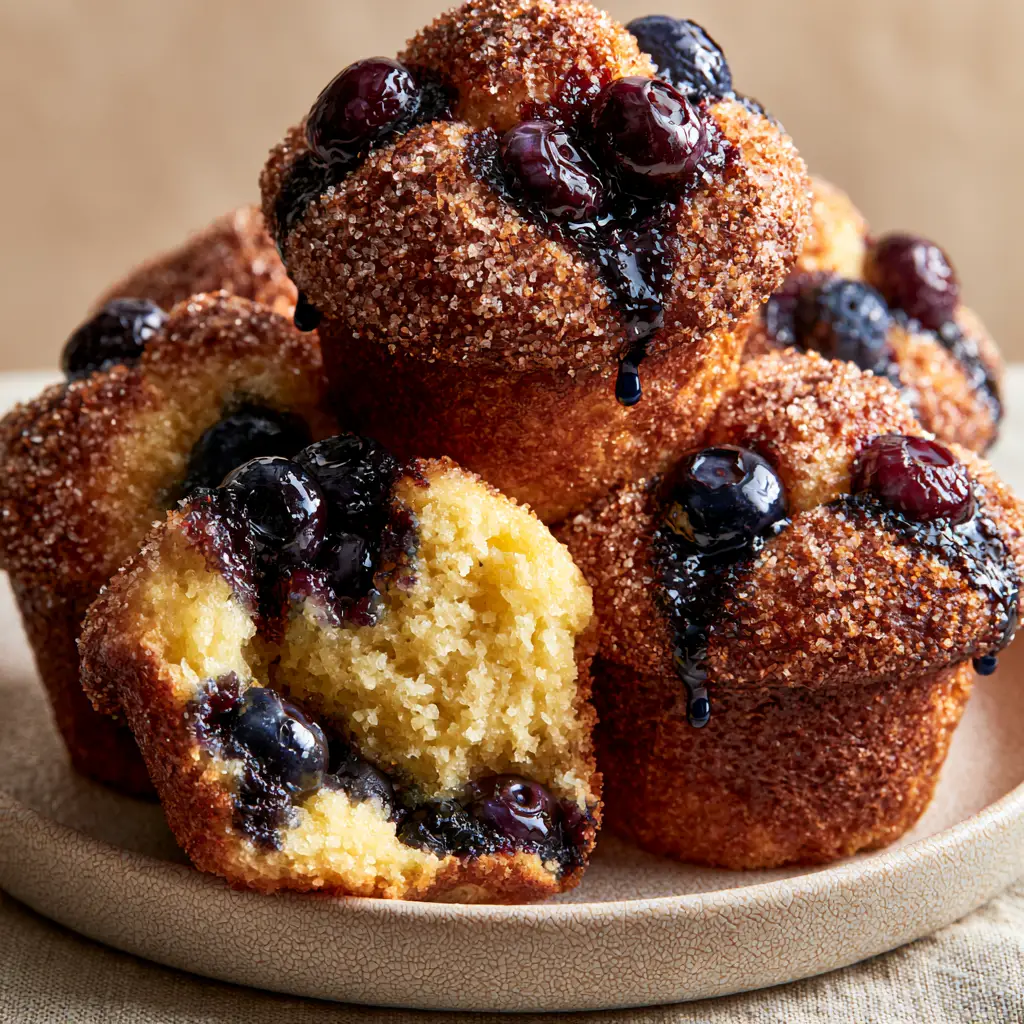 Muffins Recipe: The Secret to Tall, Bakery-Style Blueberry Domes 1 A split-open blueberry muffin showing a steaming moist yellow crumb and dripping purple juice.