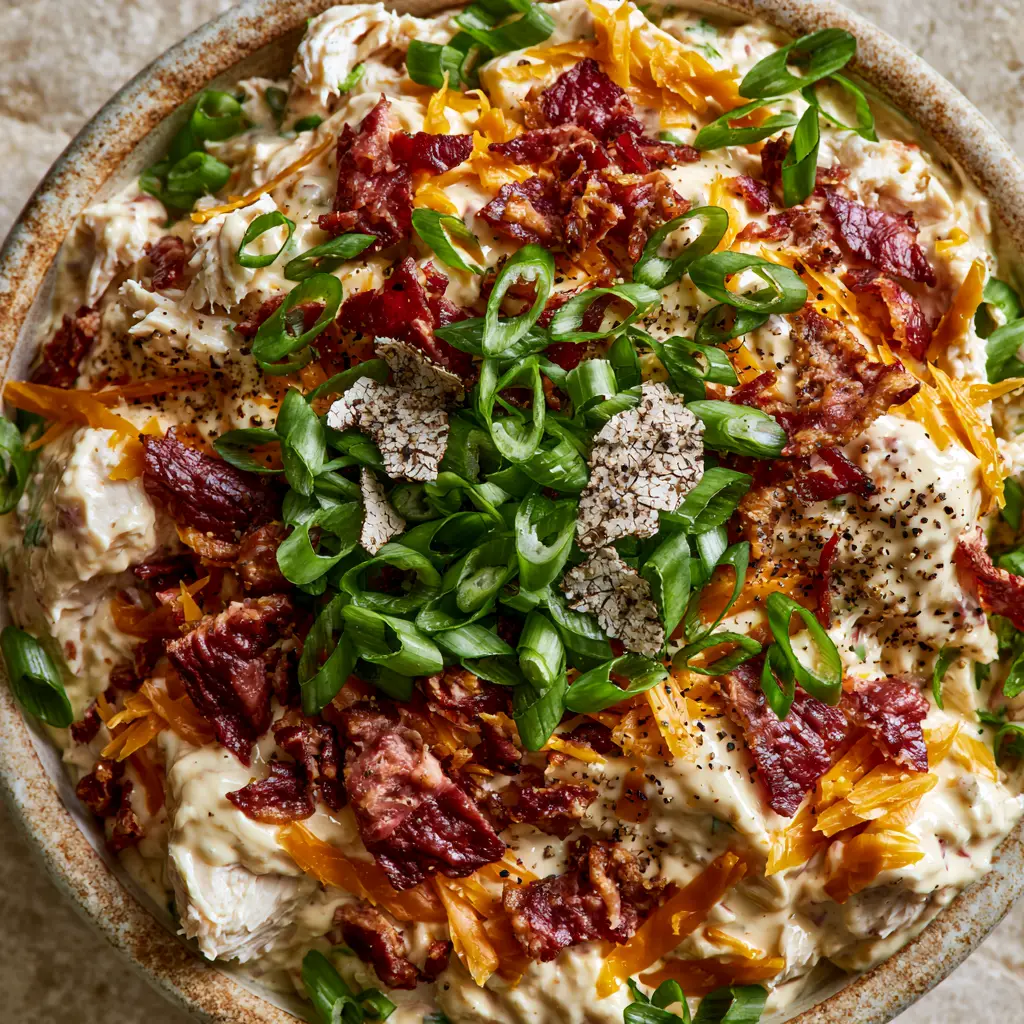 Chicken Salad with Bacon & Cheddar: The Ultimate Creamy and Crunchy Recipe 2 An extreme overhead close-up shot of a rustic ceramic bowl filled with Chicken Salad with Bacon & Cheddar, featuring hand-pulled chicken and orange cheese shards.