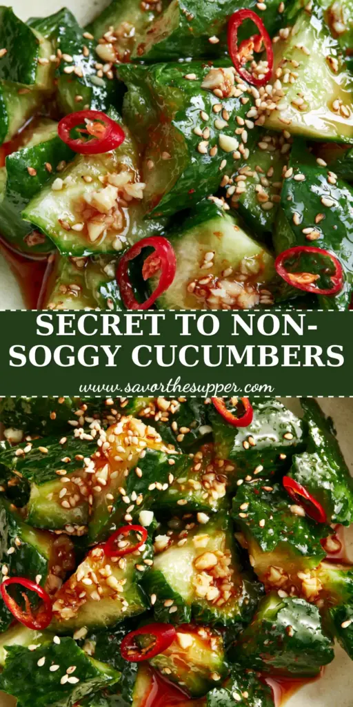 Cucumber Salad Recipe: Spicy Smashed Persian Cucumbers with Chili Oil 4 A top-down view of a spicy Cucumber Salad Recipe in a cream bowl featuring smashed cucumbers and red chili oil.